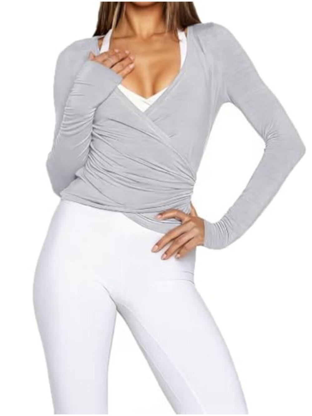 Women's Wrap Top Long Sleeve Thumb Hole Crop Self-Tie Yoga Pilates Shirt